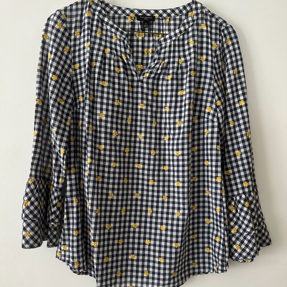Talbots Navy Gingham Floral Embroidered Peasant Top